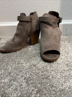 Women’s Taupe Suede Peep-Toe Ankle Booties